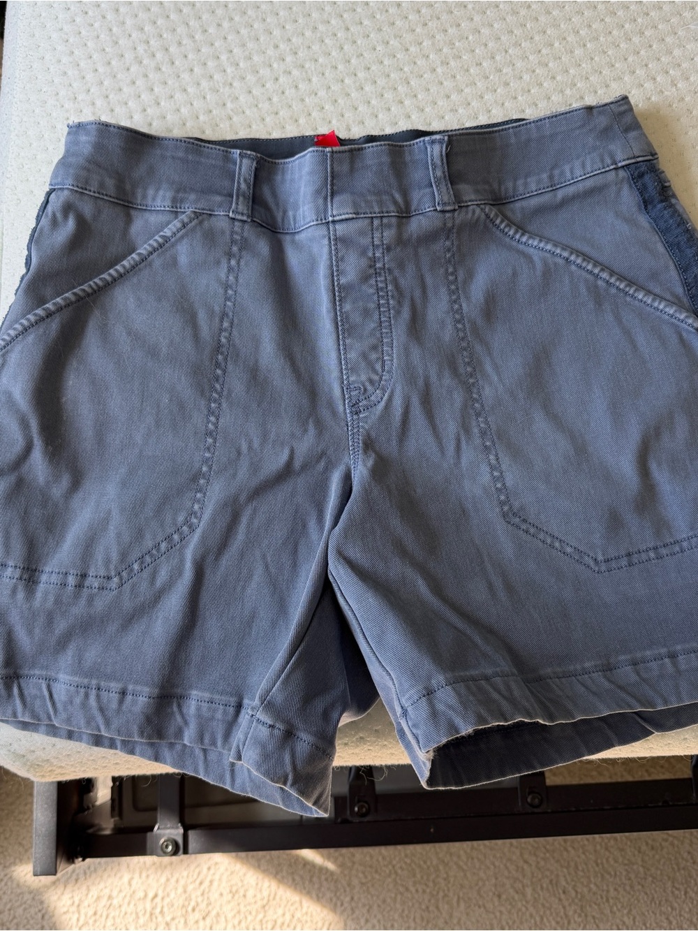 SPANX 6-Inch Stretch Twill Shorts slate blue-gray patch pockets